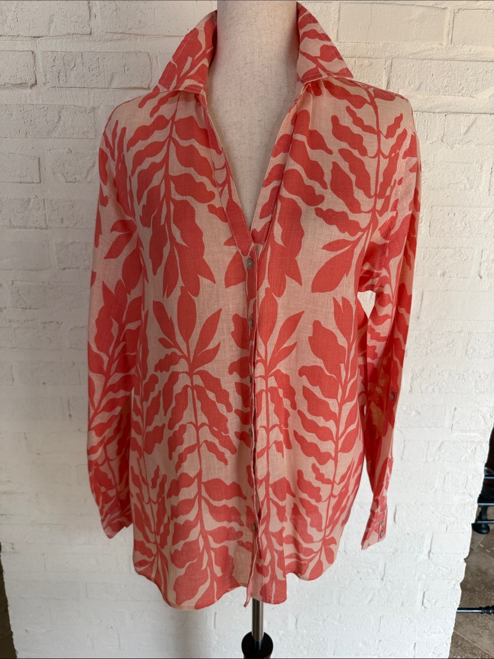 Rachel Zoe Coral Leaf-Print Button-Down Blouse